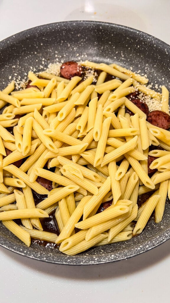  IMG_0479-576x1024 Sticky Honey Garlic Sausage Pasta Skillet  