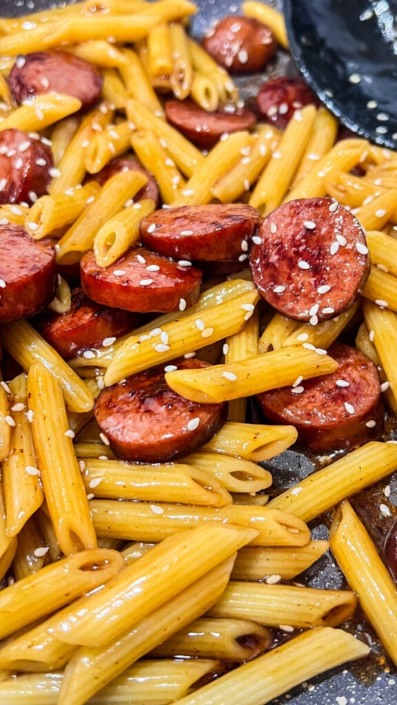  IMG_0481-576x1024 Sticky Honey Garlic Sausage Pasta Skillet  