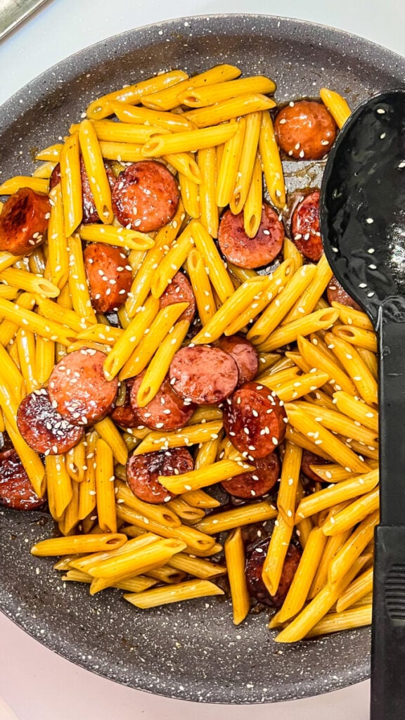  IMG_0487-576x1024 Sticky Honey Garlic Sausage Pasta Skillet  