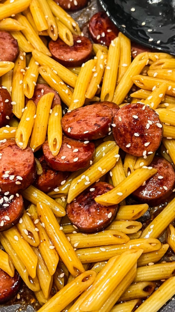  IMG_0491-576x1024 Sticky Honey Garlic Sausage Pasta Skillet  