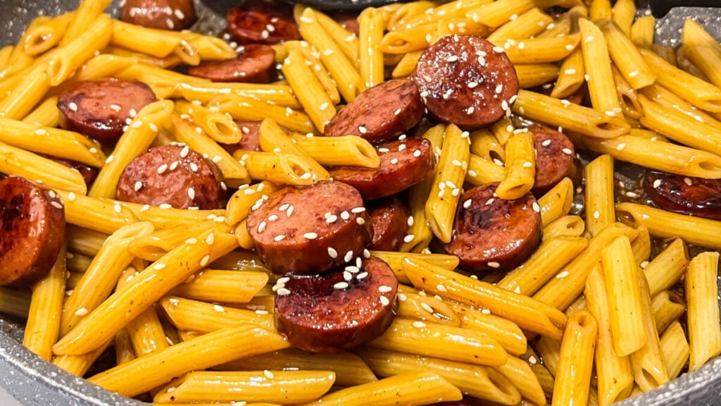  IMG_0497-1024x576 Sticky Honey Garlic Sausage Pasta Skillet  