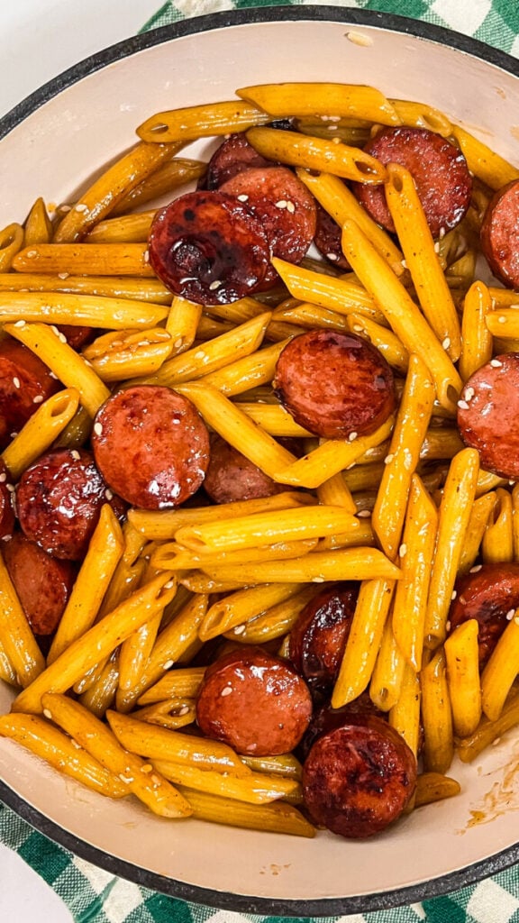  IMG_0536-576x1024 Sticky Honey Garlic Sausage Pasta Skillet  