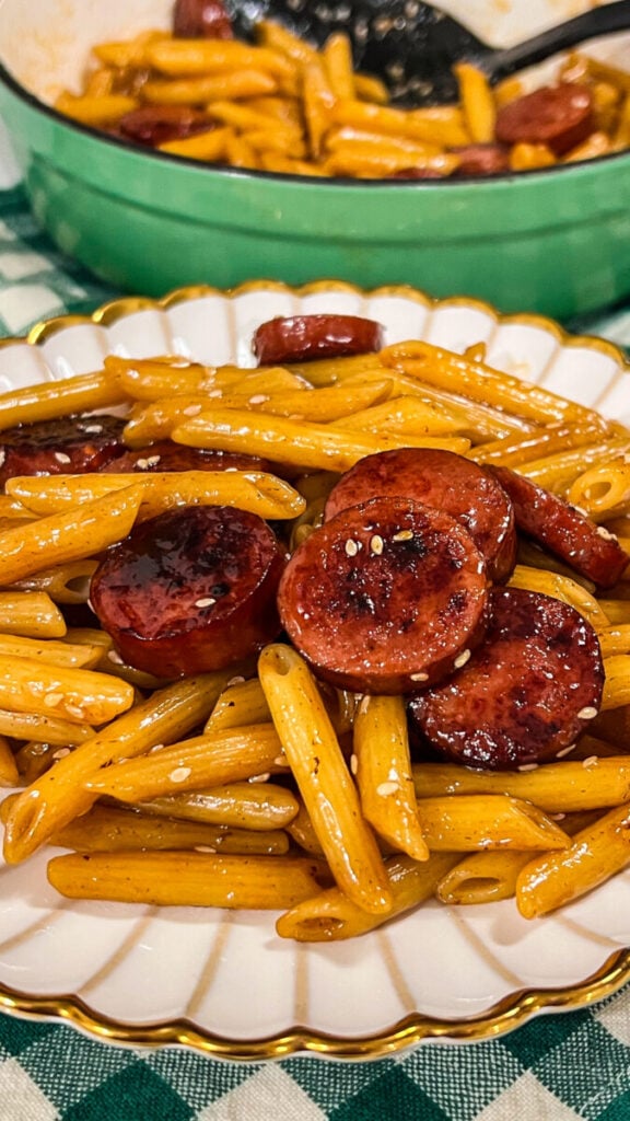  IMG_0540-576x1024 Sticky Honey Garlic Sausage Pasta Skillet  