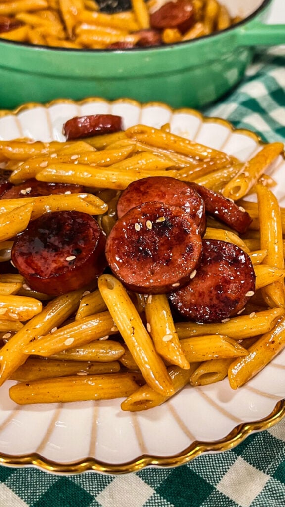  IMG_0541-576x1024 Sticky Honey Garlic Sausage Pasta Skillet  