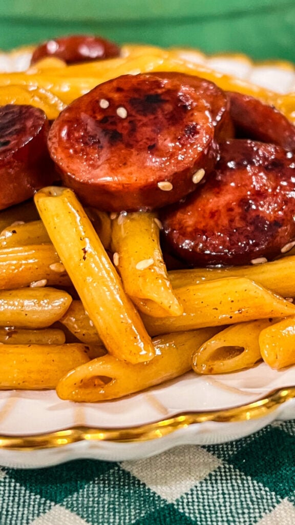  IMG_0551-576x1024 Sticky Honey Garlic Sausage Pasta Skillet  
