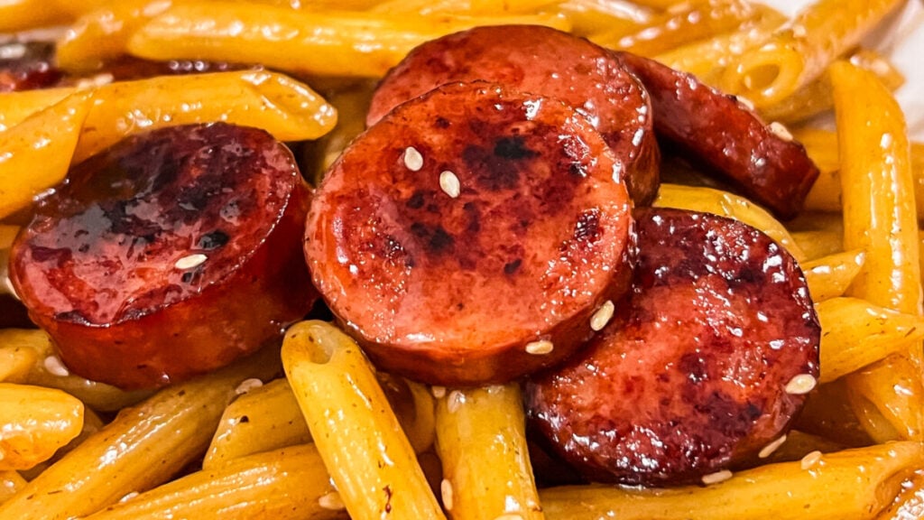 IMG_0552-1024x576 Sticky Honey Garlic Sausage Pasta Skillet  