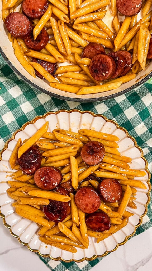  IMG_0570-576x1024 Sticky Honey Garlic Sausage Pasta Skillet  